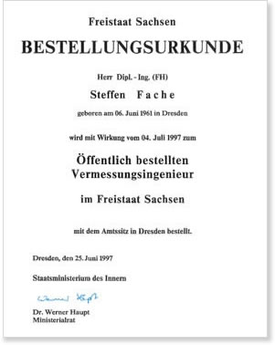 Bestellungsurkunde Ingenieur- und Vermessungsbüro Fache Dresden Bestellungsurkunde Ingenieur- und Vermessungsbüro Fache Dresden